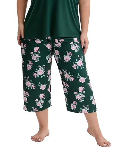 Image of Plus Size Pajamas for Women Set, Womens Plus Size Short Sleeve V Neck Capri Pants Pajama Sets with Pockets