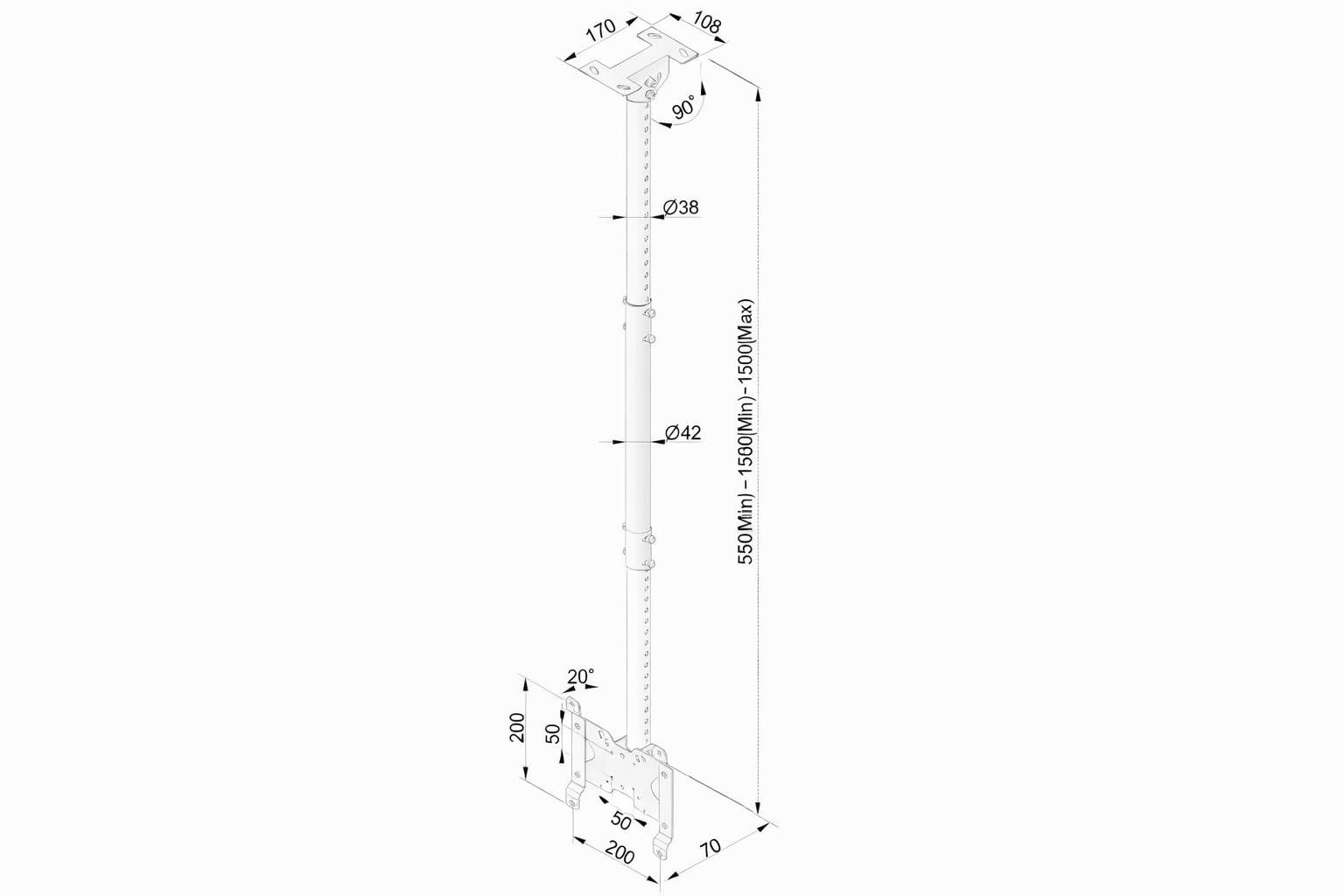 Multibrackets Ceilingmount Small Blanco 1500 | Soporte TV de Techo para Pantallas 10-43" | Altura Regulable 55-150 cm | VESA 200x200 | Giro ±30° Inclinación -5°/+15° | Platina 0-90°