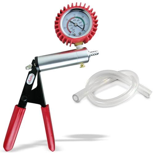 LeLuv Ultima Red Vacuum Pump - Aluminum Alloy Silver Handle Manual Hand Vacuum (0-30 Hg, 0-760 mmHg), Gauge Installed with Protective Rubber Cover, Rubber Padded Grips with Clear Hose