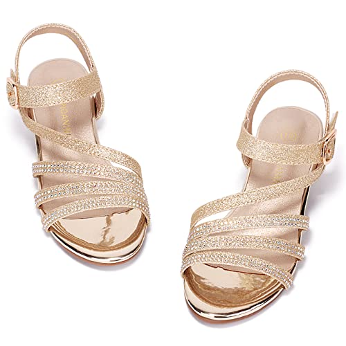 Pandaninjia Girls Heels Open Toe Low Heel Dress Pump Sandals Flower Girls Wedding Party Shoes For Toddler Little Kid Big Kid (Gold Glitter, 9 M Us Toddler) #TOP3