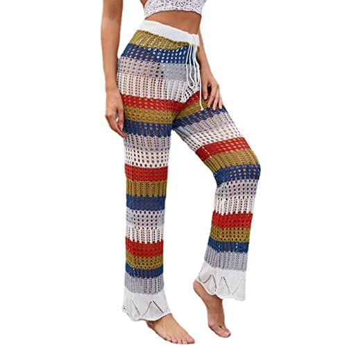 Pantalon tricoté femme d'été sexy à franges et mailles ajourées multicolore S