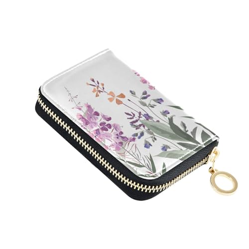 susiyo Flowers and Herbs on White Background Credit Card Wallet for Ladies, Zipper Card Cases Holder for Women, Women's Leather Wallet Coin Purse