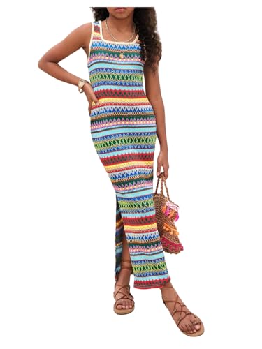 Girl's Summer Boho Striped Sleeveless Tank Dress - Square Neck Split Thigh Long Maxi