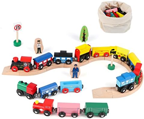 Joqutoys 31 PCS Wooden Train Cars - Magnetic Train Set Includes 15 Cars, 10 Bonus Connectors & Storage Bag, Wooden Train Set Toy Train for Kids Toddlers, Compatible with Major Brands Train Tracks Set