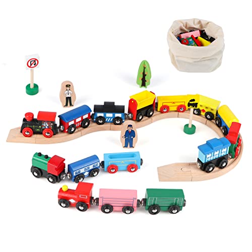 Joqutoys 31 Pcs Wooden Train Cars - Magnetic Train Set Includes 15 Cars, 10 Bonus Connectors & Storage Bag, Wooden Train Set Toy Train For Kids Toddlers, Compatible With Major Brands Train Tracks Set #TOP16