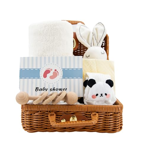 7-in-1 Set de Regalo para Bebé Recién Nacido, Niños Niñas Personalizados Cesta para Baby Shower, con Bebe Muselina, Babero Bandana, Sonajero, Toalla de baño, Manta de seguridad, Calcetines, Blanco