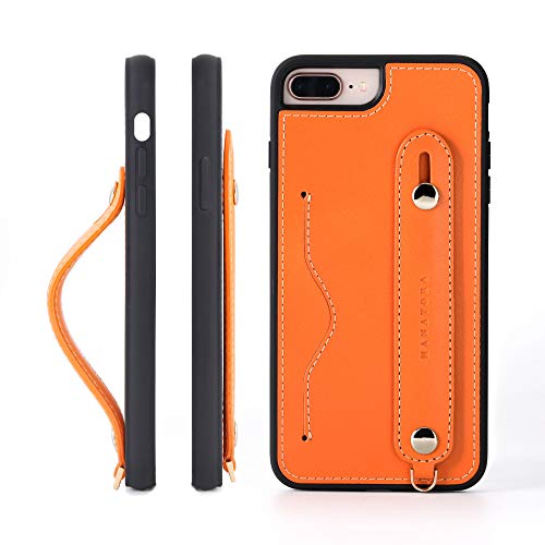 HANATORA iPhone 8Plus/7Plus グリップケース レザー 本革 ストラップ付属 イタリア製牛革 ヌメ革 片手操作 カード収納 スタンド機能 メンズ レディース オレンジ