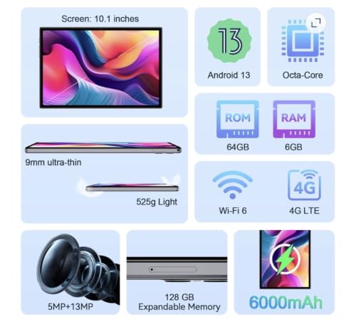 Image of 2025 Android 13 Tablet,STA 10.1 inch Tablets 6GB+64GB +128GB Expand, 6000mAh Octa-Core Tablet Drop-proof Case, 1280*800 HD IPS Display, GPS, 5G /2.4G WiFi,Dual 5MP+13MP Camera for Adults and Kids