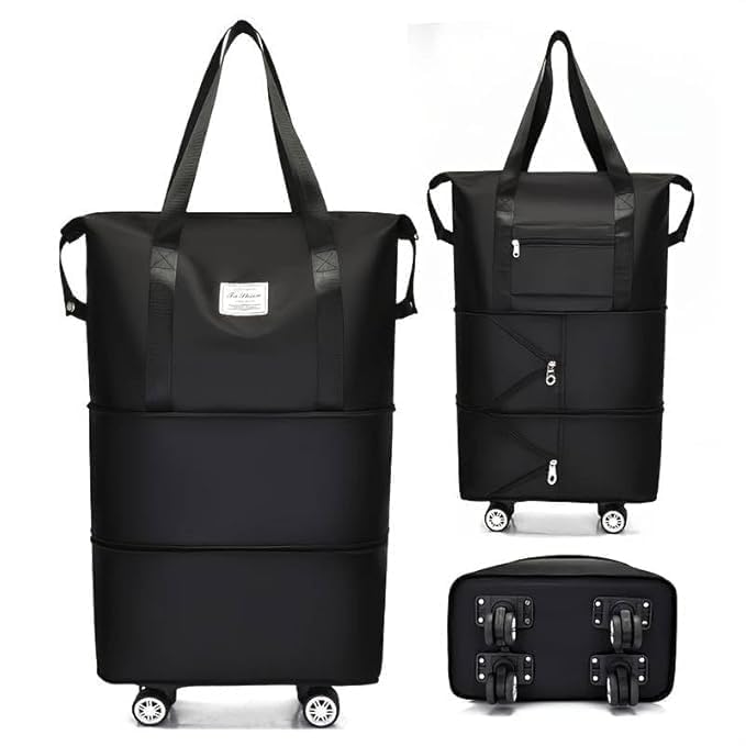 Foldable Travel Bag with Wheels Expandable Rolling Duffle Bag, Trolley Luggage, Large Carry-On Duffeel for Vacation, Hiking, Camping, Diwali Trips (Multicolor) (Black Duffle Bag)-image-32
