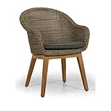 Brafab Beverly Dining Sessel, Loungesessel, Gestell Teak | Sitz Polyrattan Rustic (beige) | Kissen grau