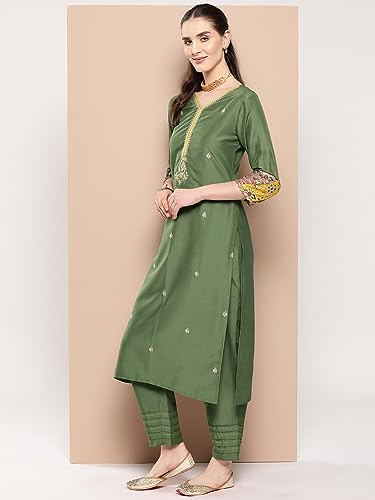 Image of INDO ERA Women's Cotton Blend Embroidered Straight Kurta Pant With Dupatta Set (23Aug271)
