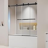 Frameless Shower Door, Frameless Sliding Bathtub Shower Door 60' W x 60' H, 1/4' (6mm) Clear Tempered Glass Tub Shower Door, Glass Shower Door with Full Stainless Steel Hardware, Matte Black