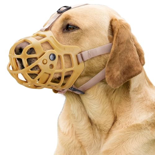 Ownpets Dog Muzzle, Adjustable Dog Basket Muzzle with Movable Cover to Prevent Biting, Chewing & Licking, Air Mesh Drinkable Dog Muzzle for Small, Medium, Large Aggressive Dogs, XL Size, Beige