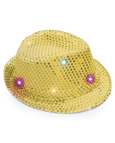 Mega_Jumble Adult Sequin Trilby Hat with Flashing LED Lights - Fedora Hat Jazz Disco Caps Fancy Dress Dance Club Party Costume (Gold)