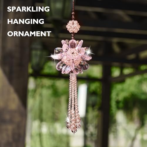 Image of Crystal Flower Ball Car Pendant Lucky Car Mirror Hanging Ornament Crystal Suncatcher Hanging Charm Auto Interior Decoration, Pink