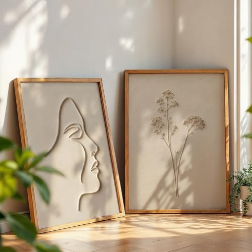 Image of NoWorries Minimal Line Art Wall Painting Set of 2 with Frame | Abstract Woman Face & Botanical Flower Beige Artwork, Modern Neutral Wall Decor for Living Room, Bedroom, Office and Home Decoration (Art-8, 21x31inch)