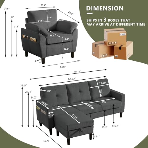 Image of 3 Pieces Sofa Set for Living Room with Sofa, Storage Ottoman and Single Chair