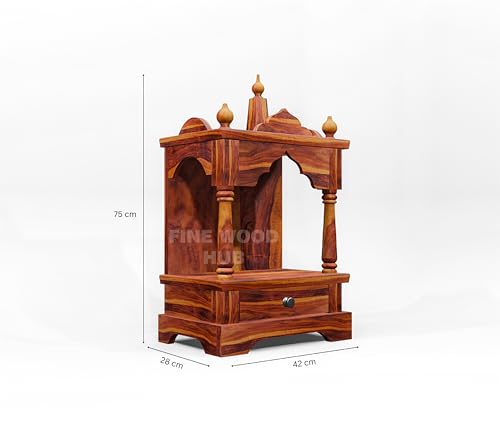 Image of Solid Sheesham Wood Wooden Mandir for Pooja Home Decoration Wall Mounten Beautiful Temple (Hight 75 X 42 X 28 CM)