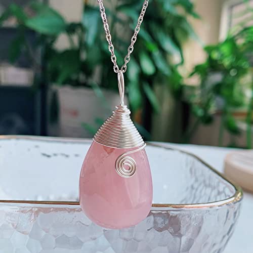 天然アメジスト クリスタル ネックレス 不規則な水滴 振り子 ロック ミネラル ピンク クォーツ パープル クリスタル ペンダント ネックレス,シルバーローズクォーツ