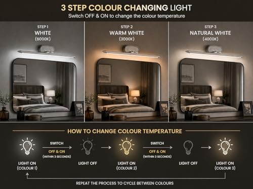 Image of FILLISKA 6 Watt Modern LED Picture /Dressing /Vanity /Bathroom /Mirror Light with 3 Step Light Mode & Adjustable Head (White,WarmWhite and Neutral White)(2 Year Warranty) (6 Watt Satin Nickel)