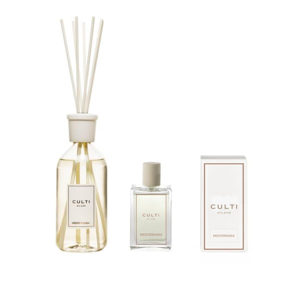 Culti Set profumatore Ambiente Milano White Label Bastoncini in midollino + Spray 100ml – Diffusione costante e immediata – Design Elegante per casa e Ufficio (Diffusore Mediterranea + Spray, 500)