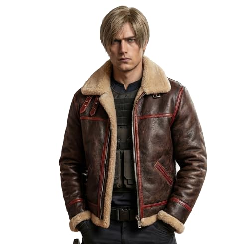 Leon S. Kennedy RE4 Remake Blouson aviateur en cuir véritable avec fourrure, manteau d'hiver pour homme, veste de motard pour cosplay, meilleur cadeau pour...