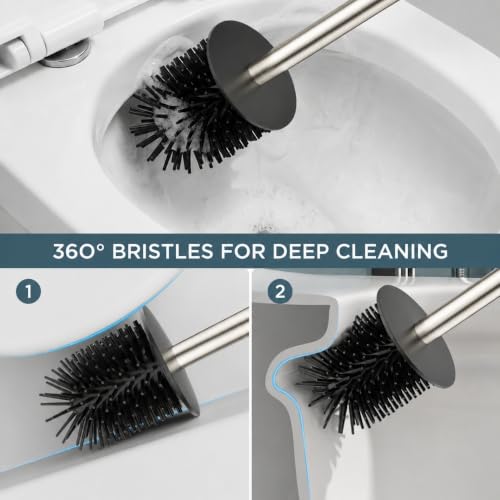 Image of FORIOUS Stainless Steel Toilet Bowl Brush Scrubber and Holder Set Short | Brushed Nickel, Extended Handle, Removable Inner Bowl, Fixed Splash Guard, Steel Joint, Anti-Scratch Bristle, for Bathroom RV