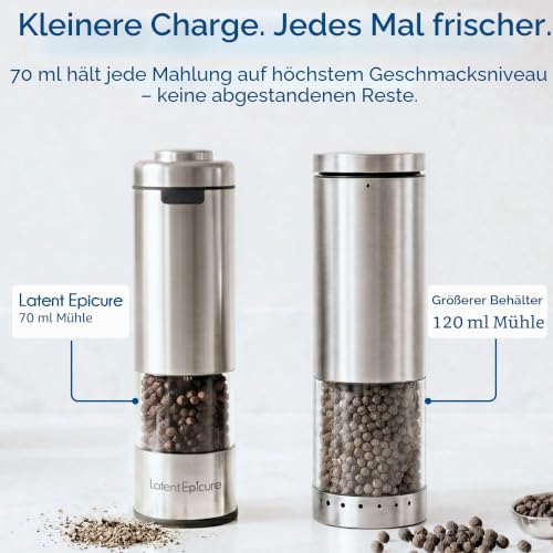 Foto von Salz und Pfeffermühle 2er Set | Batteriebetrieben | LED Licht | Einstellbare Feinheit | inkl. GRATIS Ständer - von Latent Epicure