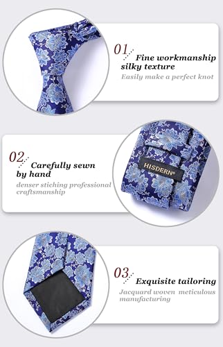 Image of HISDERN Extra Long Ties for Men Classic Floral Tie and Pocket Square Elegant Silk Necktie Handkerchief Set Wedding Party