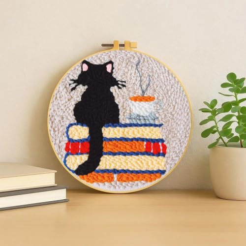 Image of Punch Needle Kit for Beginners Adults-Cat Coffee, with Embroidery Hoop