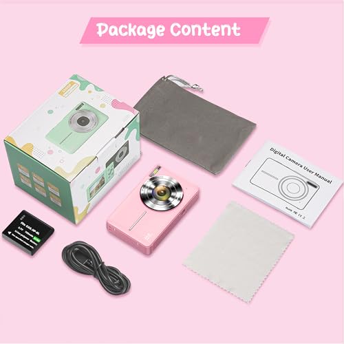 Digitale camera 1080P 44MP Vlogging Camera voor Kinderen Tieners, FHD Compacte Draagbare Fotocamera met 2,4 inch Scherm 16X Zoom, Anti-shake Mini Camera voor Beginners Studenten Jongens Meisjes - Roze