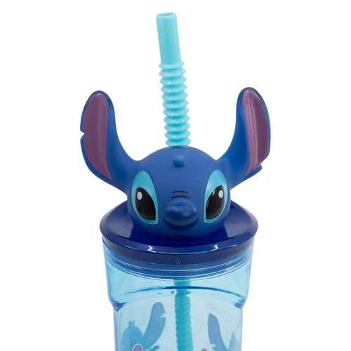 Stor Gobelet en plastique Disney Stitch 3D pour enfants, sans BPA, avec capuchon 3D et paille, lavable et réutilisable