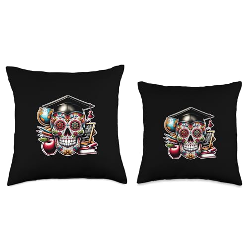 Image of Mexican Teacher School for De Los Muertos Sugar Skull Teacher School Day of The Dead USA Mexico Lovers Throw Pillow, 16x16, Multicolor