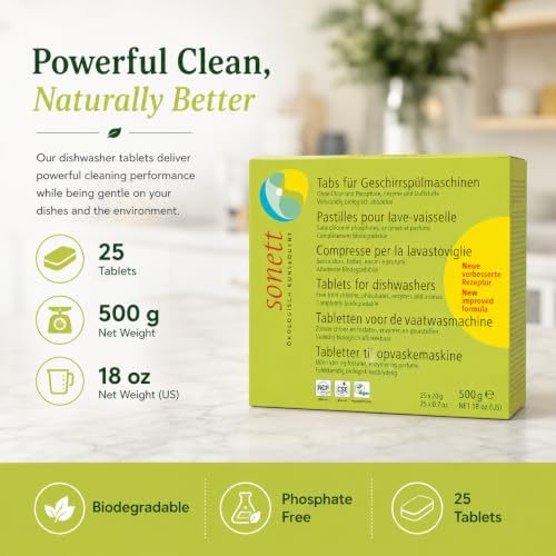 Image of Sonett Organic Dishwasher Tablets, 25 Count deep clean dish tab fresh scent (17 fl oz)