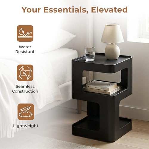 Image of HomeEssentials Modern Bedside Table with Storage Shelves, Nightstand for Bedroom, Side Table for Living Room, Sofa End Table Organizer, Bedside Storage Unit for Books, Remote, Phone & Decor (Black)
