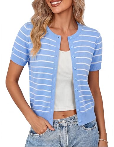 Image of GRACE KARIN Women Short Sleeve Cardigan, 2026 Summer Knitted Sweater Tops, Basic Crew Neck Crop Outfits