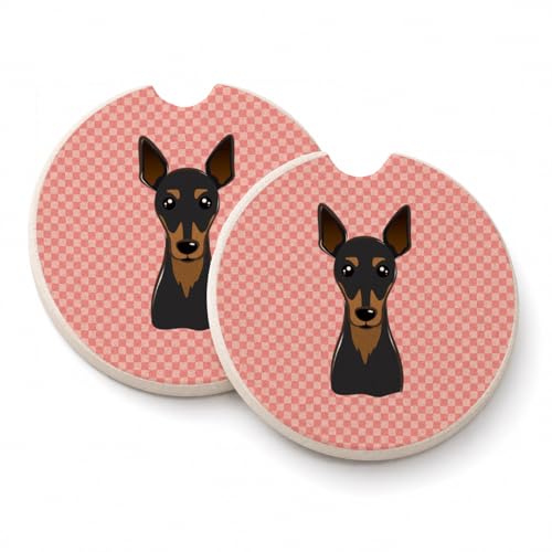 Caroline's Treasures BB1240CARC Checkerboard Pink Min Pin Set of 2 Cup Holder Car Coasters Absorbent Sandstone Coasters for Car Cup Holders Gifts for Men or Women, Large, Multicolor
