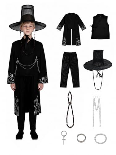 ULEMON 9Pcs Boys Black Anime Cosplay Costume Set with Hat Chain Pants & Accessories Pop Idol Stage Performance Outfit for Halloween Party Carnival (120)