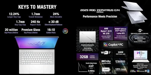 Image of ASUS ROG Zephyrus AI Gaming Laptop 14.0 inch 120Hz OLED 2.8K Display (AMD Ryzen AI 9 HX 370, GeForce RTX 5070 Ti 12GB, 32GB LPDDR5X, 4TB PCIe SSD, RGB KB, WiFi 7, Webcam, Win 11 Pro) w /USB-C Dock