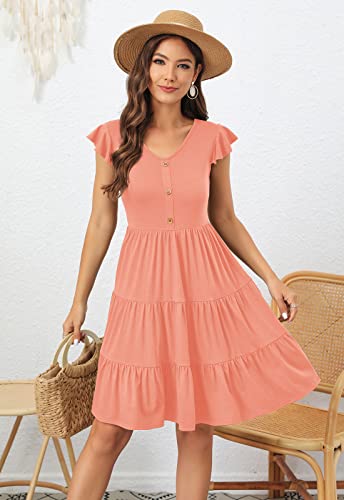 Image of Lamilus Summer Dresses for Women 2026 Ruffle Sleeve V Neck Non-See Through Tiered Babydoll Mini Dress Graduation Beach