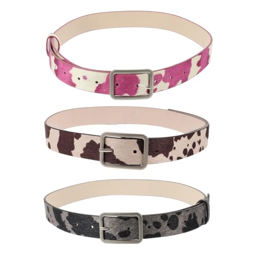 LUOZZY 3pcs Women's Cow Print Pu Belt Set Adjustable Waist for Dresses Jeans Cowgirl Fashion Accessories in Beige Black Gray Violet