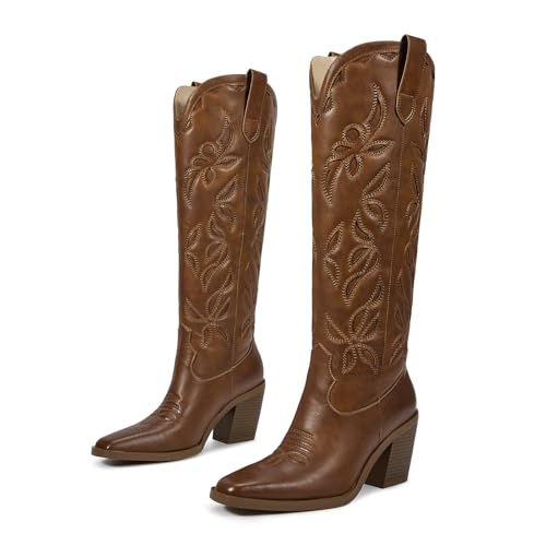 ISNOM Knee High Cowboy Cowgirl Boots for Women, Western Boots with Pull On Tab, Chunky Heel Design, Unique and Stylish3