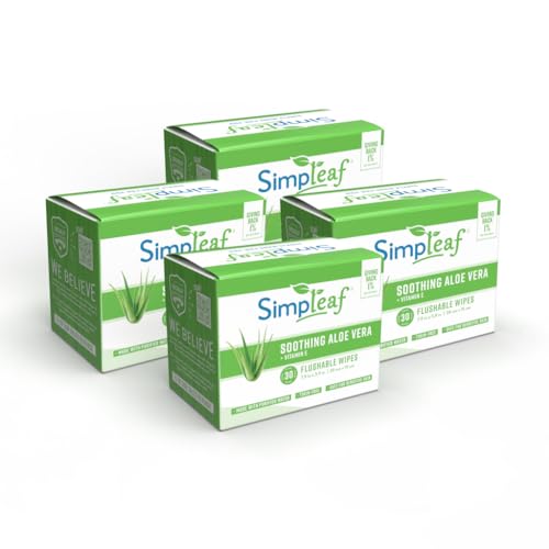 Simpleaf Flushable Aloe Vera Single Pack Wet Wipes |Paraben & Alcohol Free | Hypoallergenic & Safe for Sensitive Skin | Soothing Aloe Vera Formula | (30 x 4 Single Pack Wipes) 120 Counts Total