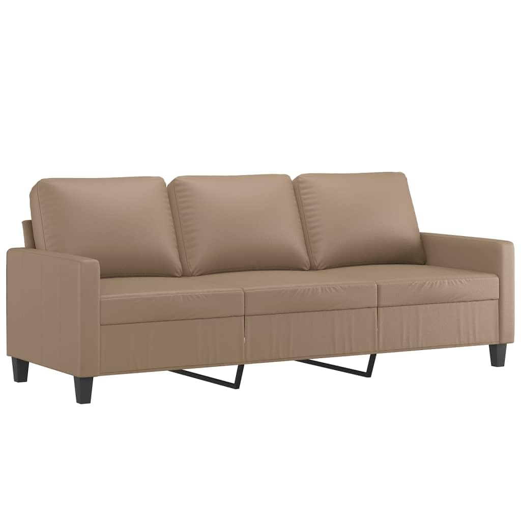 3-osobowa sofa cappuccino brązowa sztuczna skóra z taboretem o szerokości siedziska 180 cm, stabilny stelaż, wygodna tapicerka, wszechstronna, do salonu, biura, relaksu i komfortu kanapy
