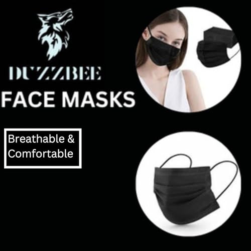 DUZZBEE Pack of 100 Black Disposable Face Masks | 3 Layer Protection | Breathable & Comfortable | Adjustable Nose Bridge | Versatile Use | Foldaway Design | Multi-Purpose | Black Color