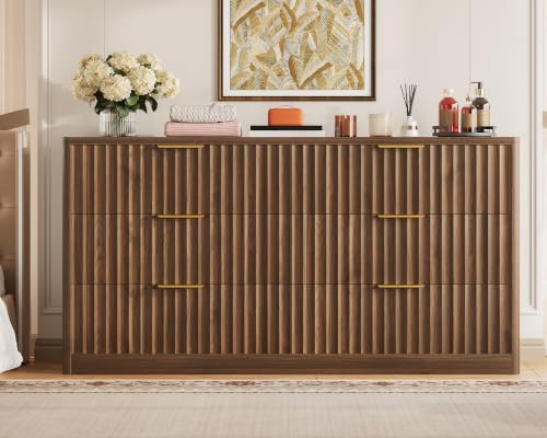 Image of TEENFON Fluted 6 Drawer Dresser for Bedroom, Wide Modern Chest of Drawers with Metal Handle, Curved Profile Design, Wood Closet Clothes Storage Organizer for Bedroom, Hallway, Walnut
