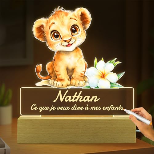 Veilleuse Bébé Personnalisé,Veilleuse Enfant avec Prénom et Bénédictions,Lampe Chevet Enfant Personnalisée Lion pour Garçon,Fille,Nouveau-né,Cadeau de Anniversaire Noël Baptême-Écriture en Effaçable