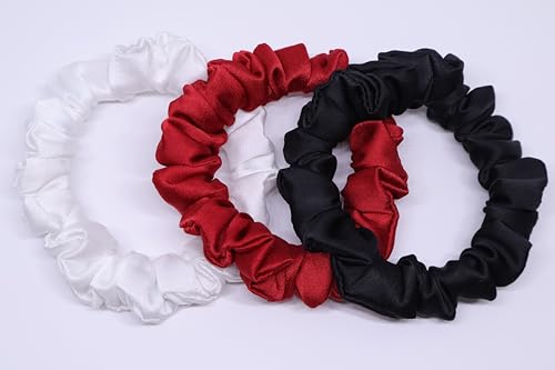 Image of Satin Scrunchies Hair Bands for Women | No-Damage Elastic Hair Ties for Ponytails & Buns | Fluffy & Stylish Rubber Bands | Free Size | Pack of 3 (Set of White, Maroon Red, Black Color)