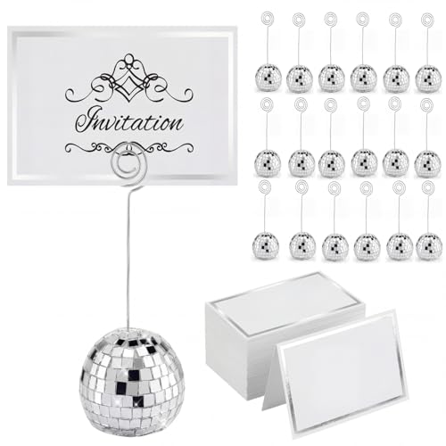 Maitys 60 Pcs Disco Ball Table Number Holders Disco Bachelorette Party Decor Silver Place Card with Swirl Wire Name Cards Photo Stand Clips Picture Holder for Wedding Party Favor (2 Inch)