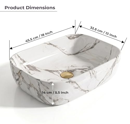 Image of Designer Ceramic Wash Basin For Bathroom | Over Counter Bathroom Basin | Counter Top Bathroom Sink | Wash Basin For Restaurant, Hotel (18 x13 x 5 Inch) (White Black Marble)